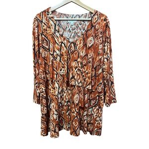 Susan Graver XL Burnt Orange Ikat Tiered Ruffle Tunic V-Neck 3/4 Sleeve Blouse